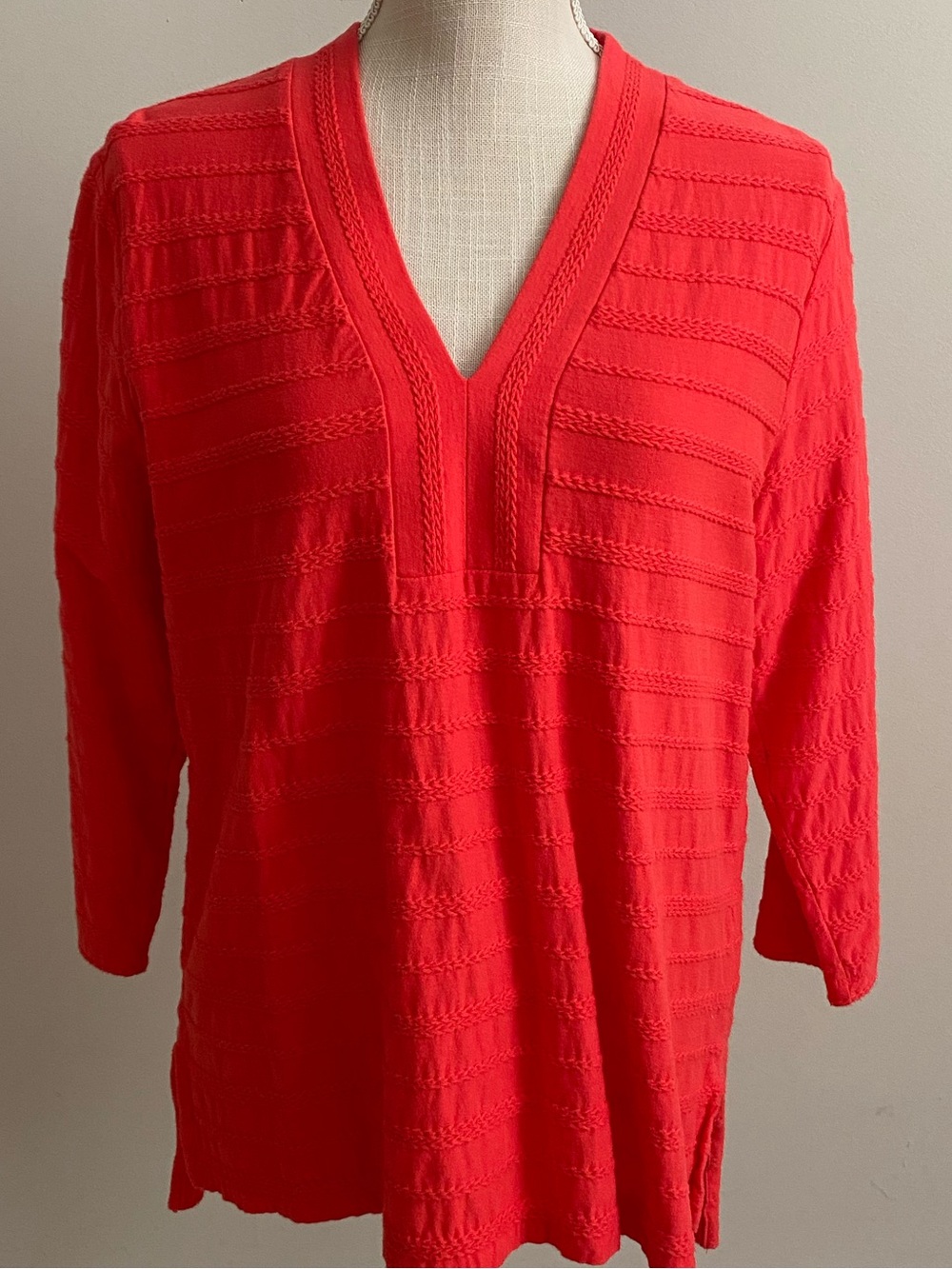Lands' End Coral Red V-Neck Textured Knit Top